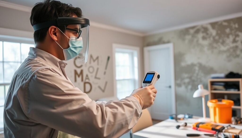 Professional mold inspectors performing air quality testing Professional mold inspectors performing air quality testing